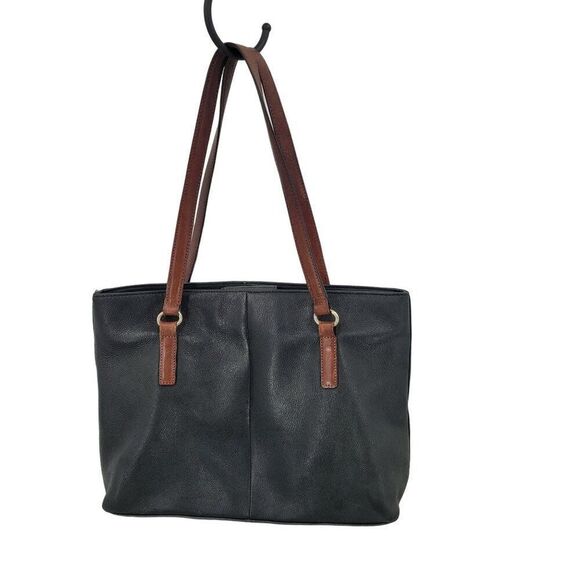 Fossil Black Genuine Leather Tote Bag Pebble Brown Embroidery Western City Med - Picture 12 of 12